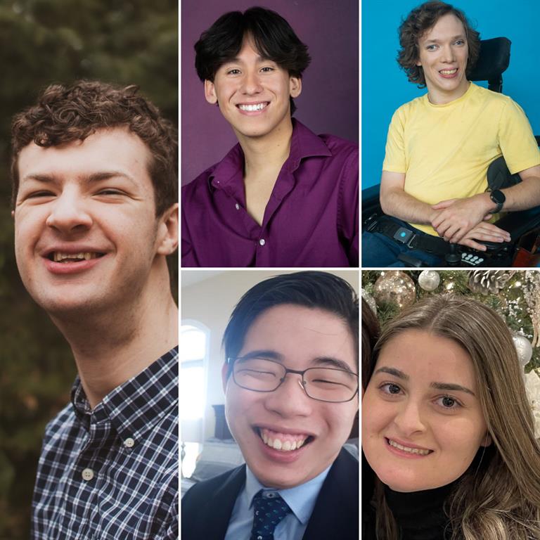 Max Le Moine is wearing a blue plaid shirt in his photo taken outside. Tai Young is wearing a purple dress shirt in his professional headshot. Thalia Avgousti is wearing a black turtleneck in a close-up photo. Wesley Magee-Saxton is wearing a yellow t-shirt and jeans while sitting in his wheelchair. In Daniel Lee’s selfie he is wearing a dark blazer, a blue dress shirt and a tie with polka dots. He also has on a pair of thin, dark glasses.